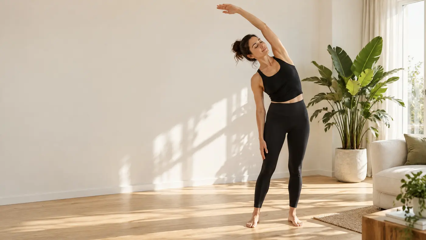 A woman doing a standing side stretch in a sunny living room in the morning.